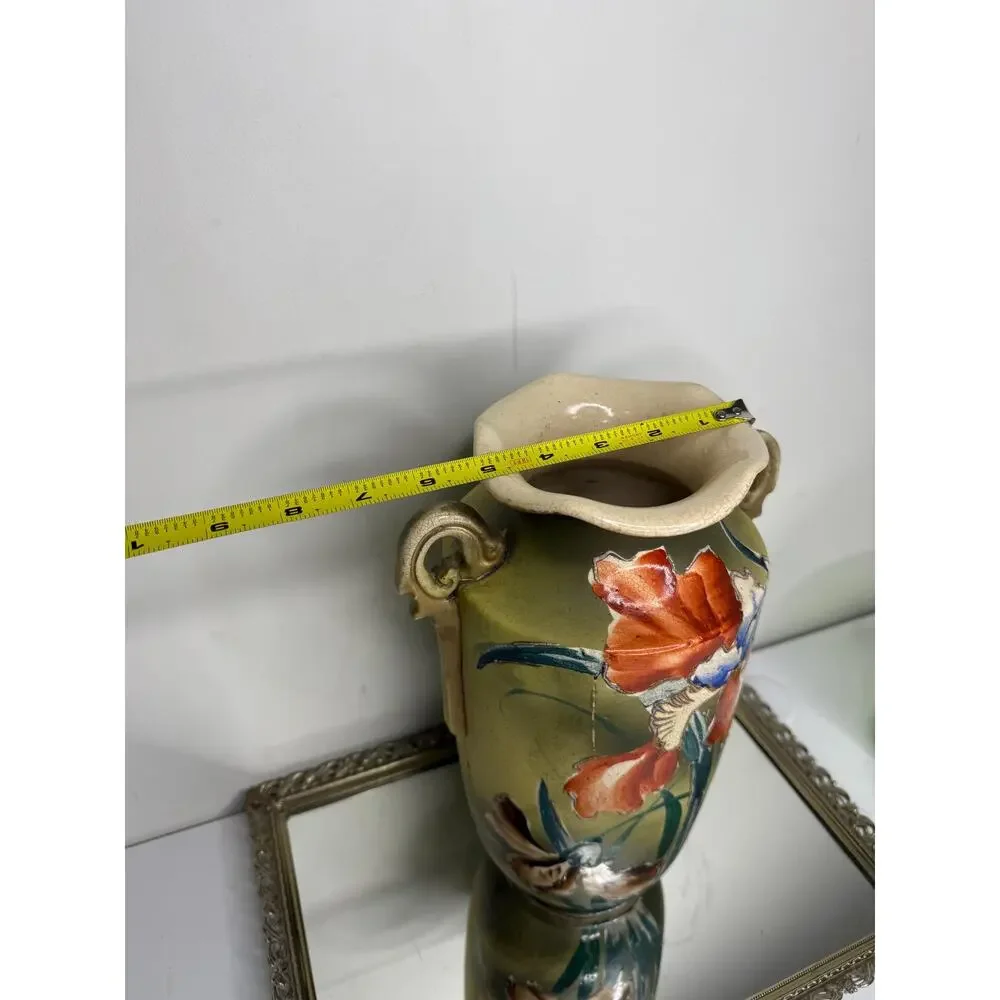 Stunning Large Antique Asian Handpainted Pottery Vase Ruffle Rim Handles Raised